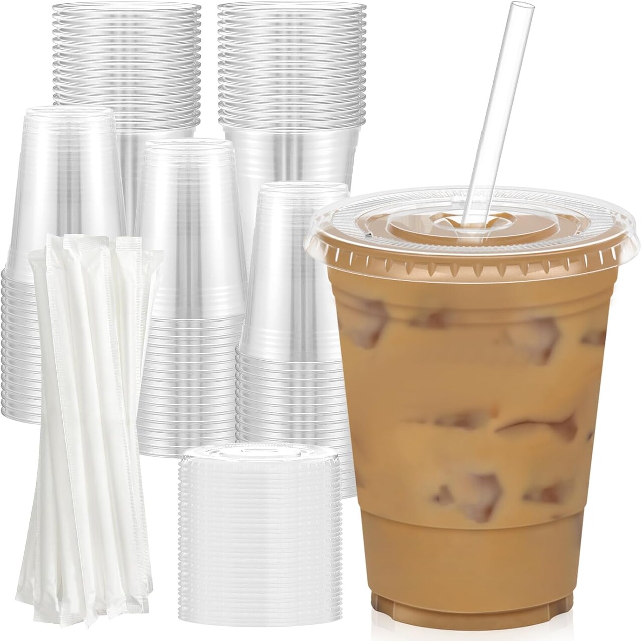 100-pack of 16 oz clear plastic cups with lids and straws. Sturdy, food-safe, and perfect for iced coffee, smoothies, or any cold beverages. Disposable and convenient.